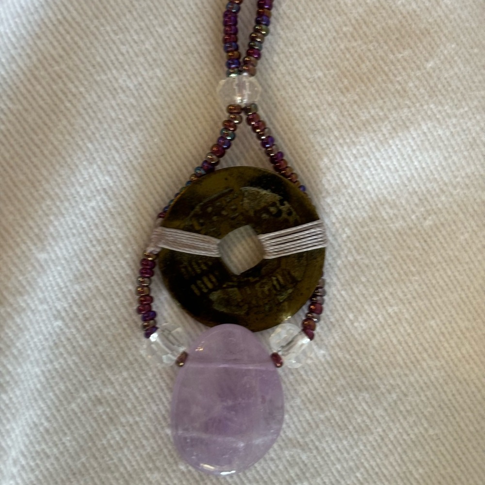 Energy Muse Brass Coin with Purple Beads, Thread and Pendant Stone - Picture 5 of 9